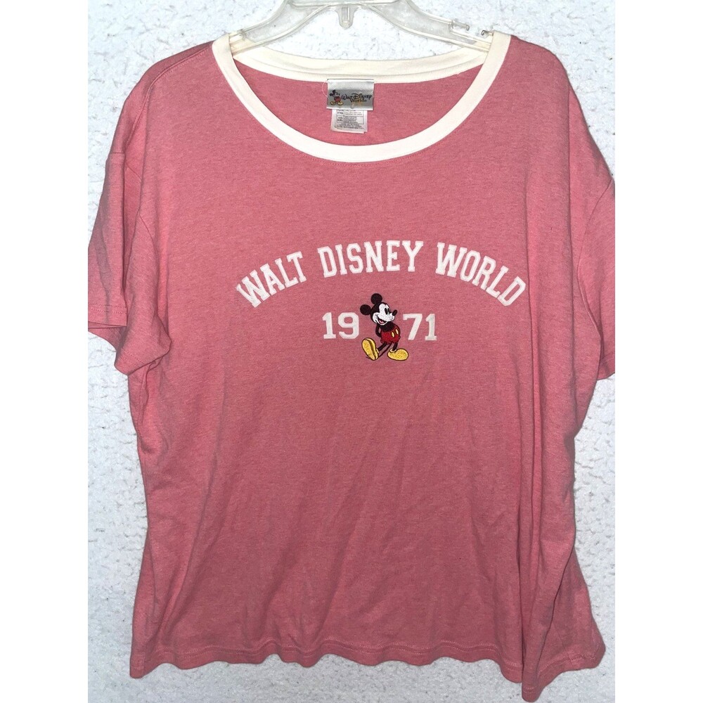 Walt Disney World Women's T-Shirt XXL Pink Embroidered Mickey Cotton Tee Vintage